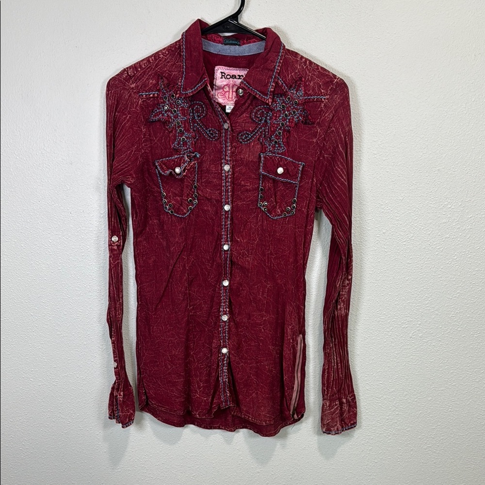 Roar western snap button Deep Red Embellished embroidered Shirt